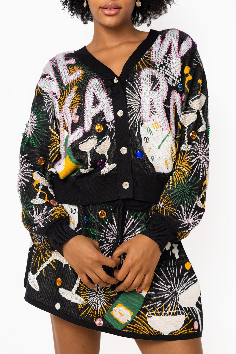 QOS Black ‘New Years’ Icon Button Up Cardigan