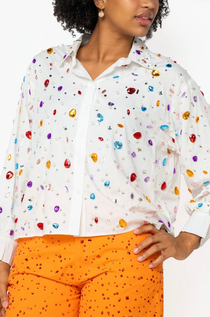QOS White Jewel &amp; Pearl Button Up Top