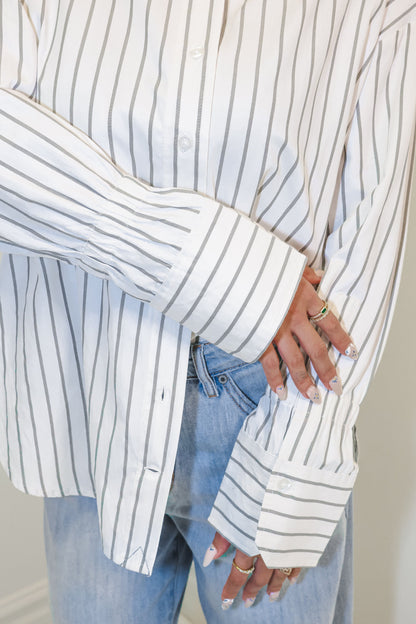 Elan Grey Striped Buttoned Down Top