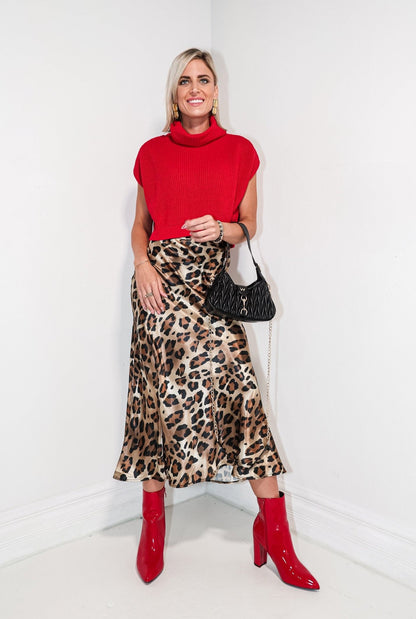 Vintage Leopard Print Satin High Waist Midi Skirt