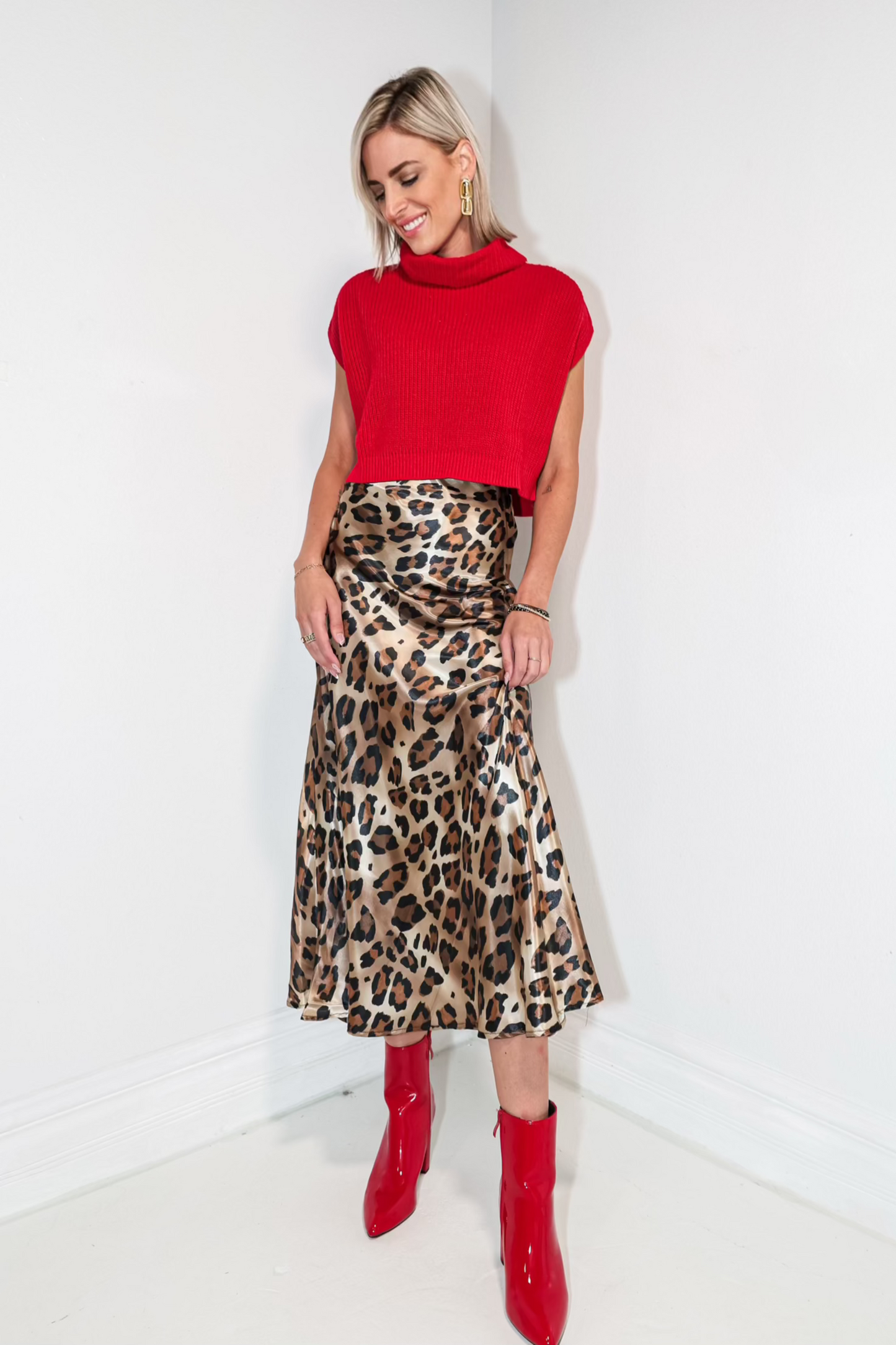 Vintage Leopard Print Satin High Waist Midi Skirt