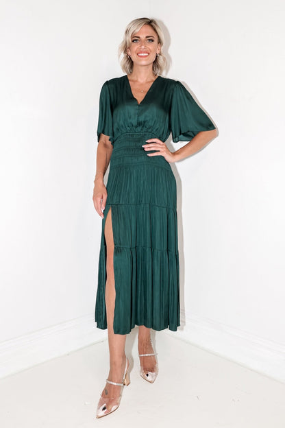 Satin Short Sleeve Smocked Waist Midi Dress