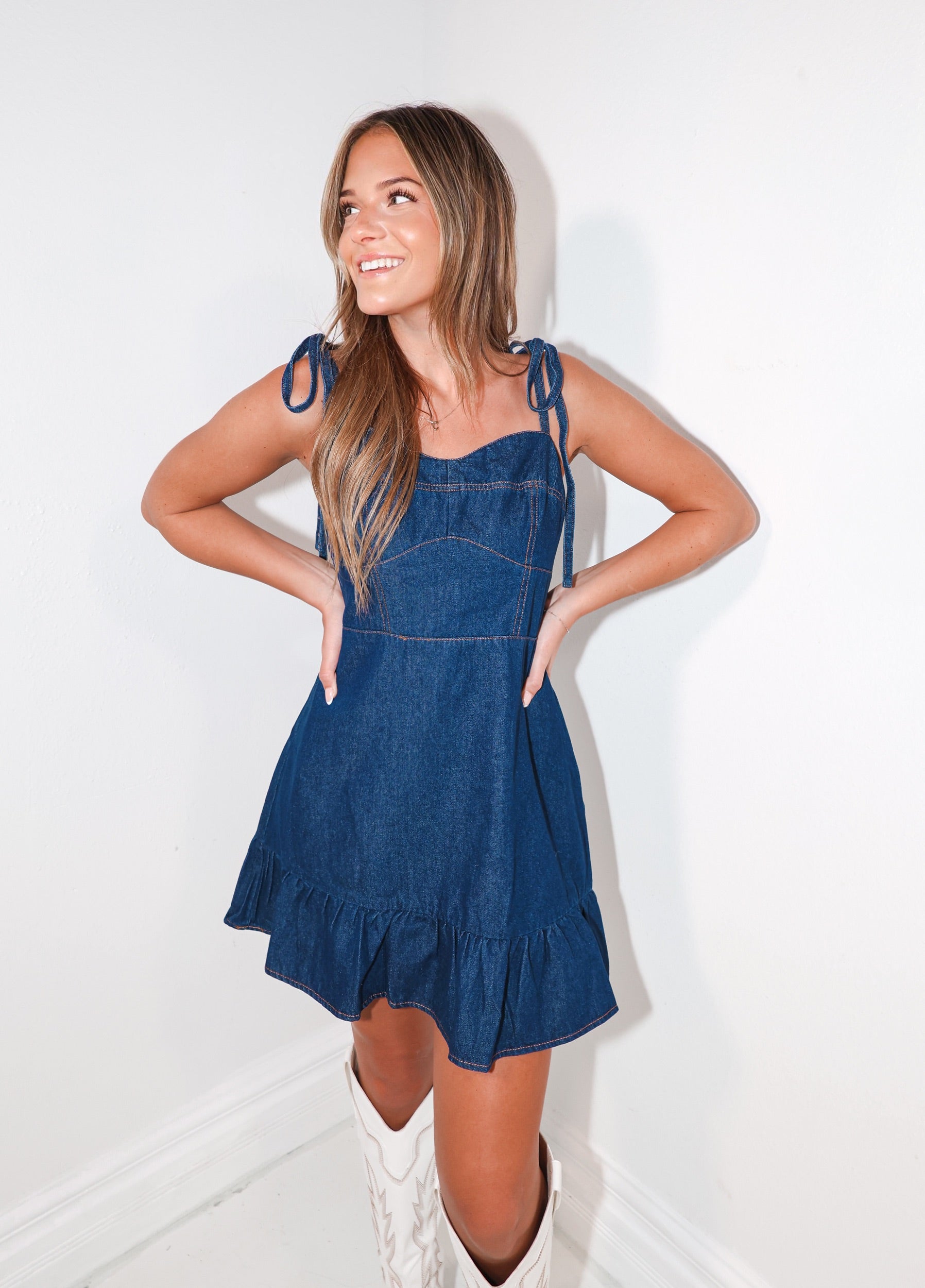 Denim Mini Dress with Ruffle Hem and Shoulder Tie Straps Medium Denim / L
