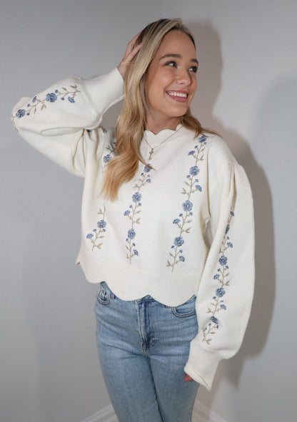 Winter Bloom Embroidered Knit Top