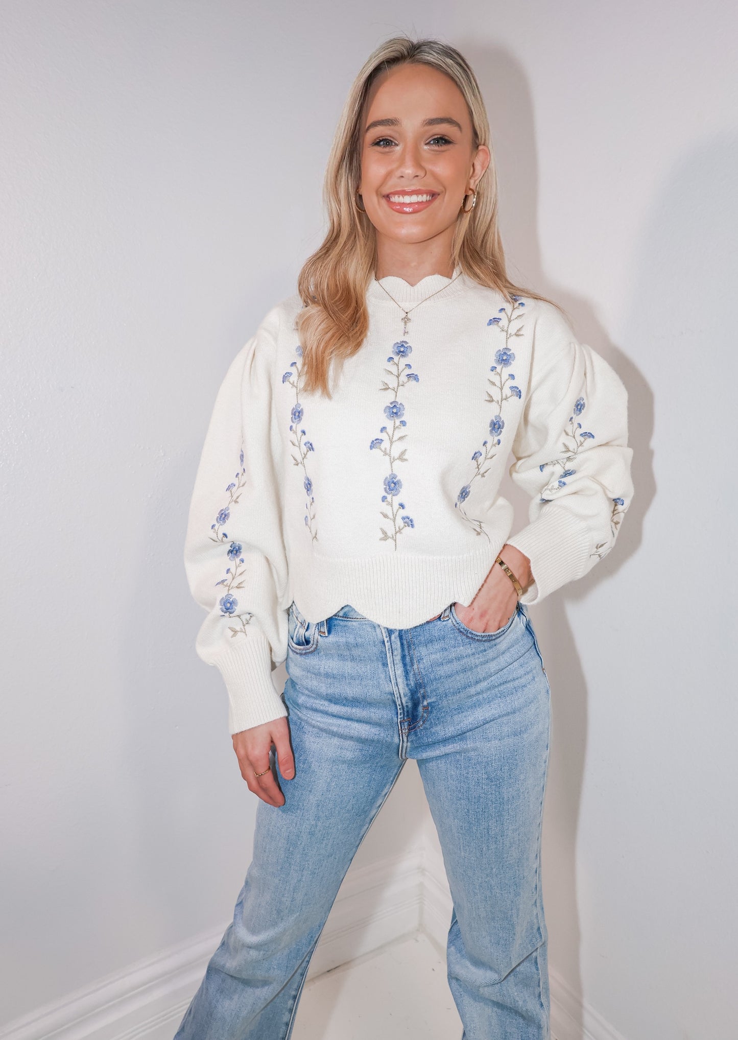 Winter Bloom Embroidered Knit Top