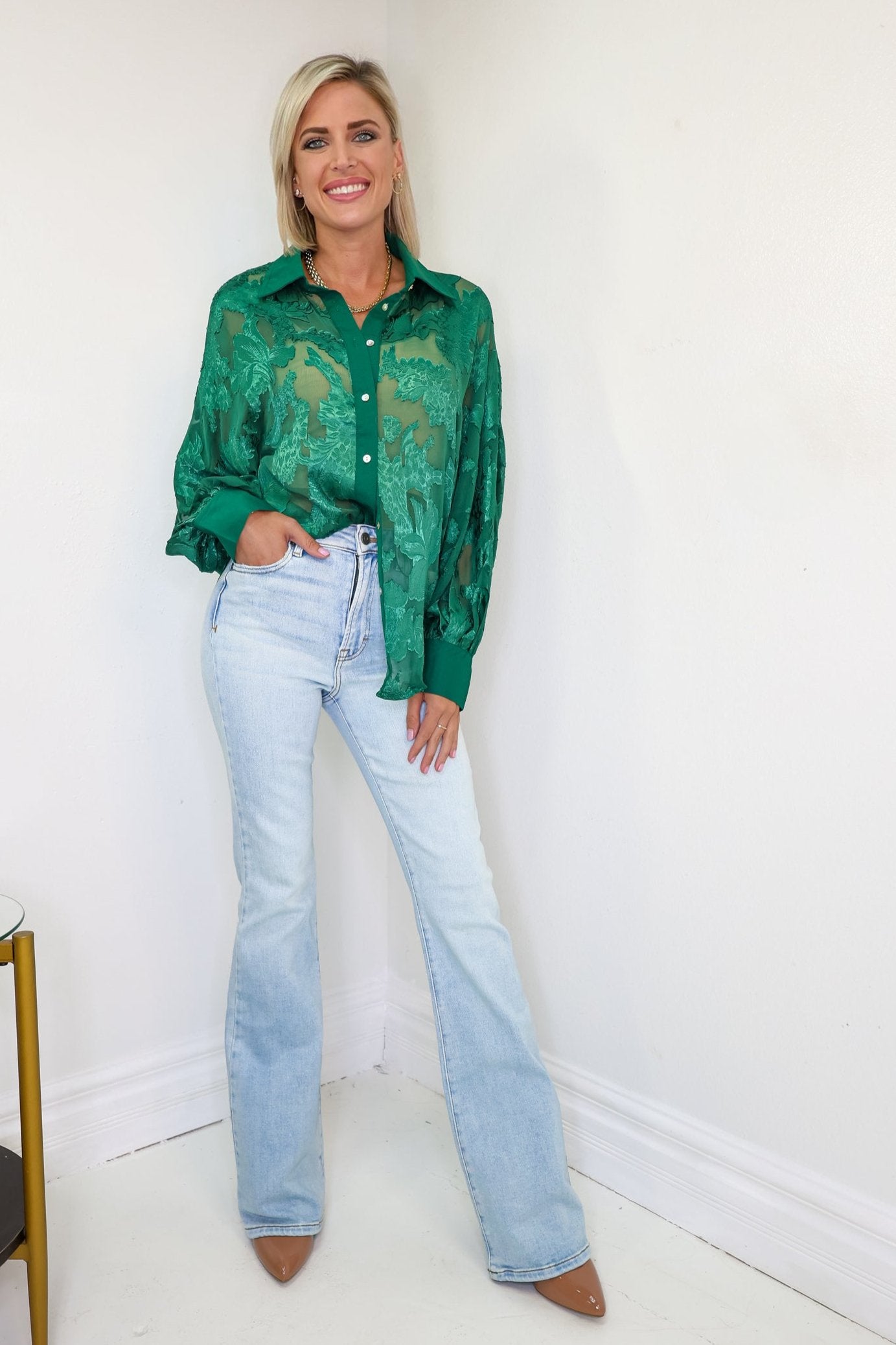 Emerald Floral Mesh Button Down Shirt