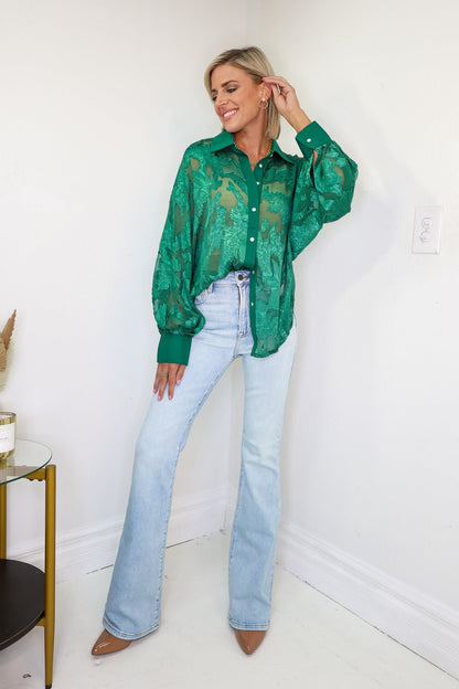 Emerald Floral Mesh Button Down Shirt