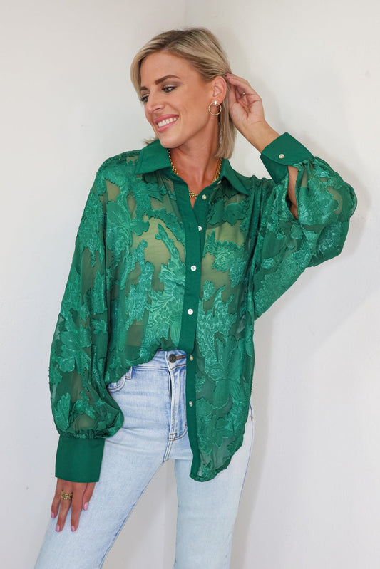 Emerald Floral Mesh Button Down Shirt