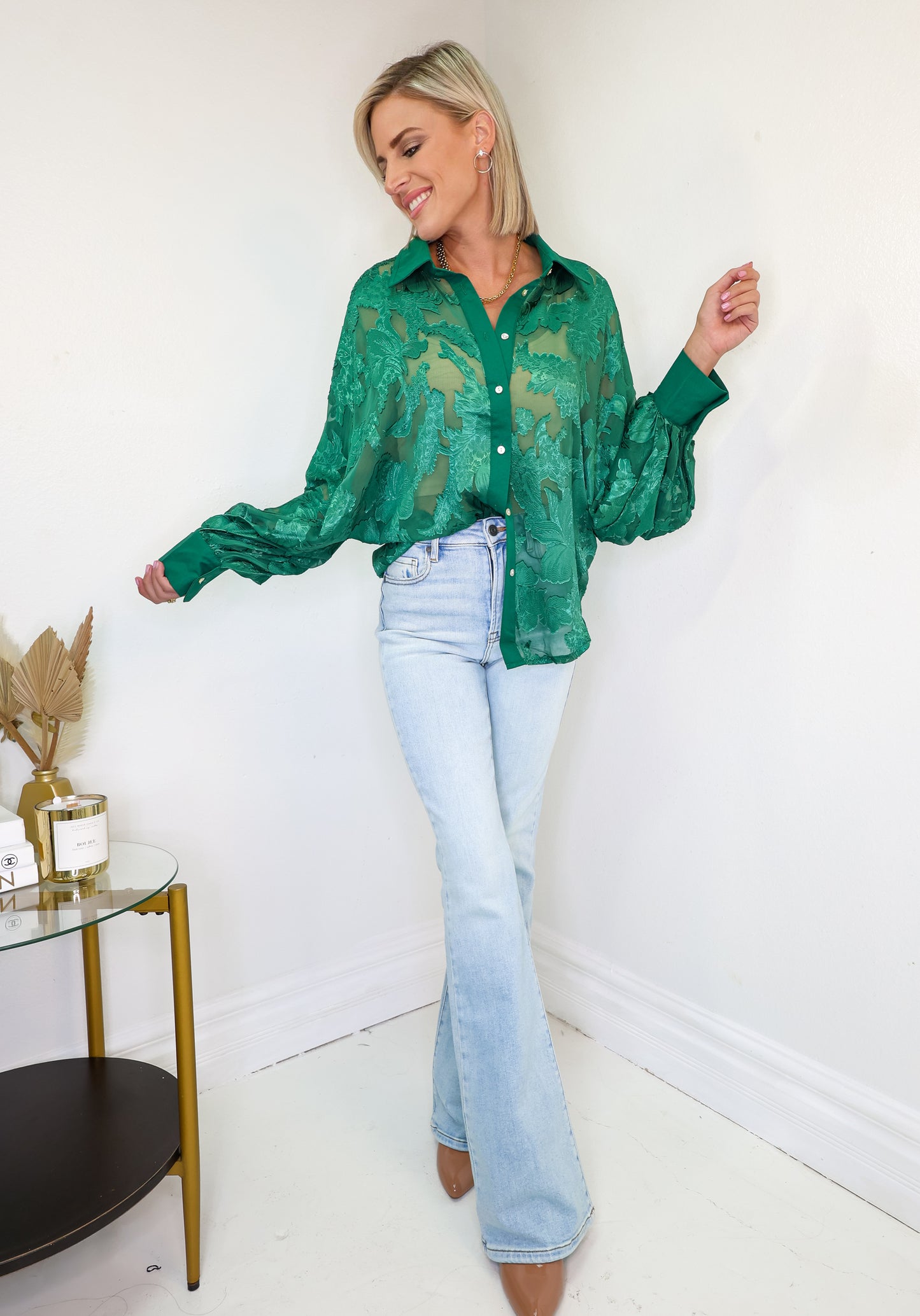 Emerald Floral Mesh Button Down Shirt