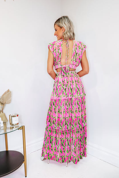 Plisse Pleated Floral Maxi Dress