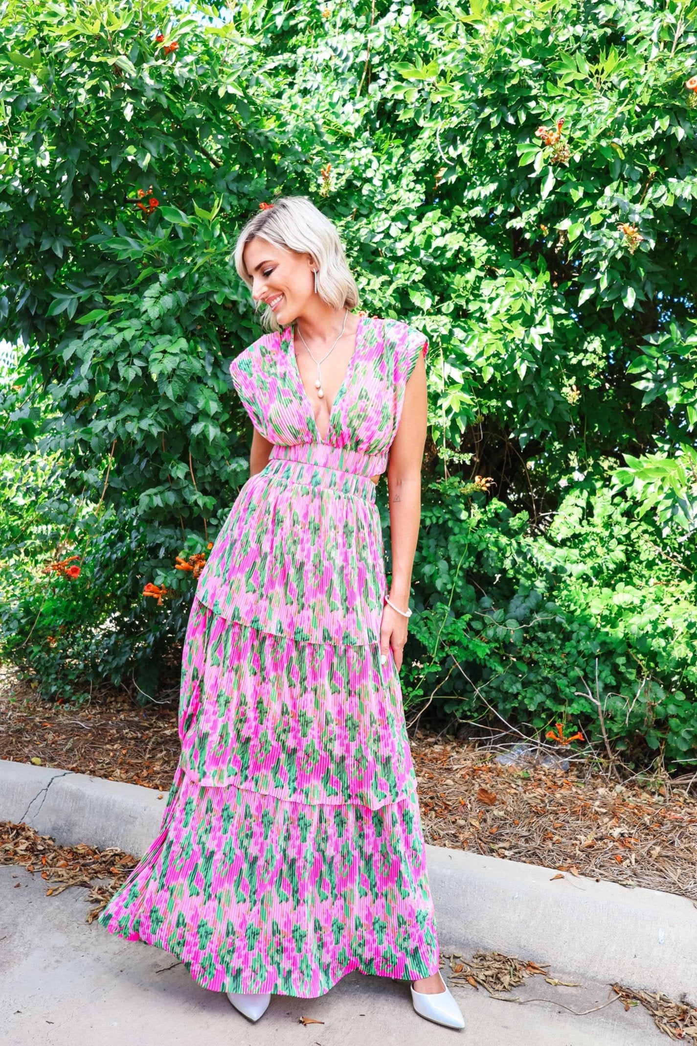 Plisse Pleated Floral Maxi Dress