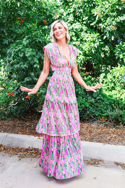 Plisse Pleated Floral Maxi Dress