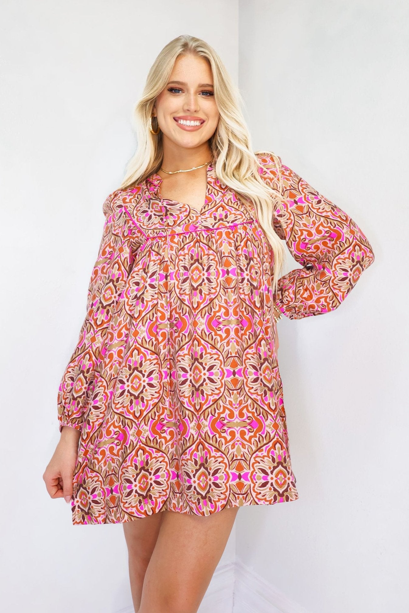 Chic Abstract Fuchsia Loose Fit Dress