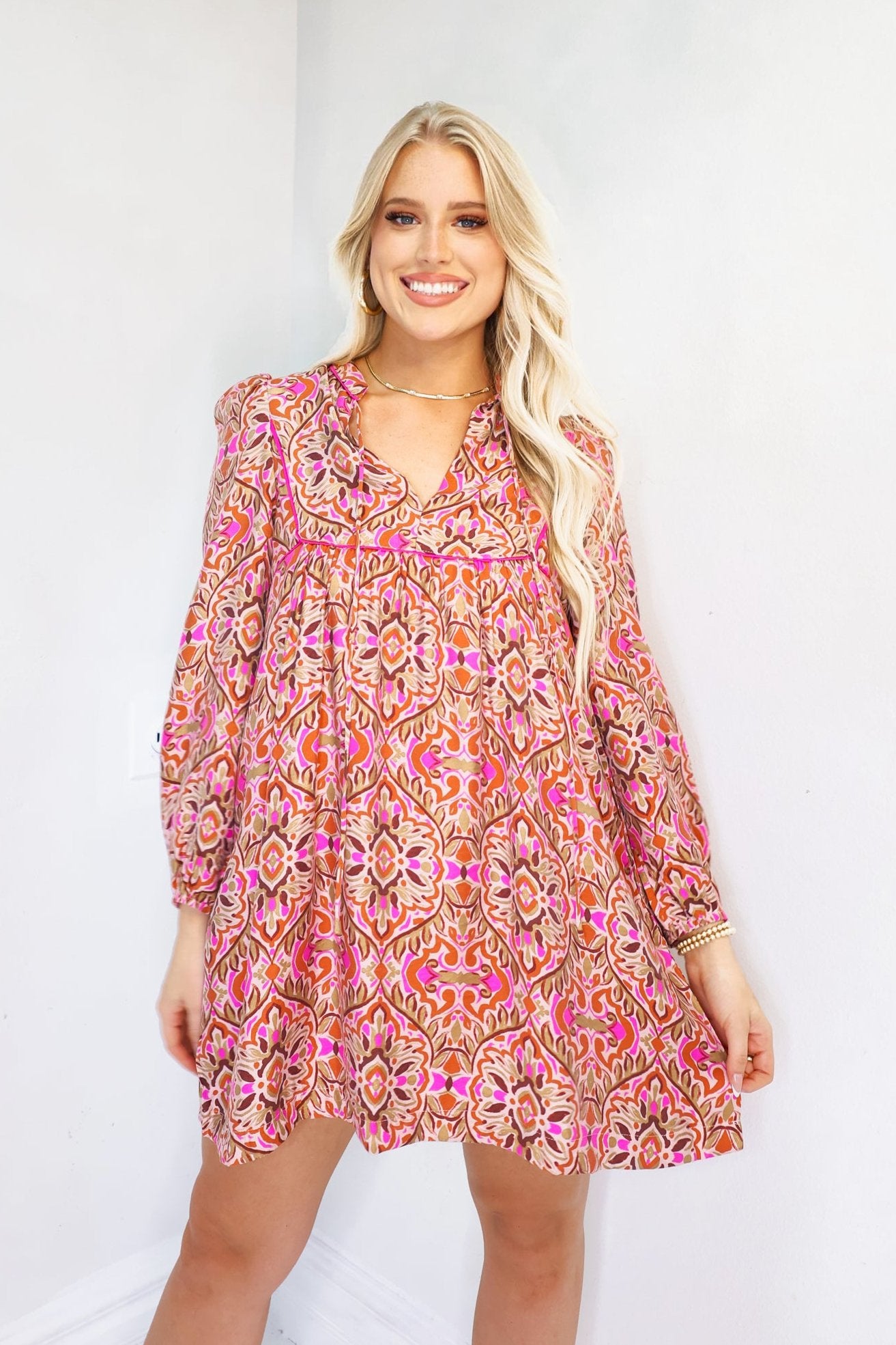 Chic Abstract Fuchsia Loose Fit Dress