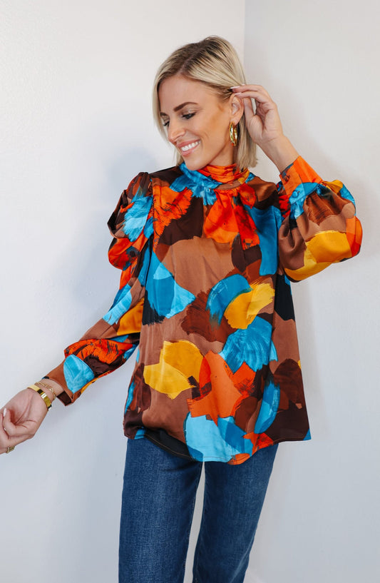 Amber Abstract Ruched Shoulder Long Sleeve Top