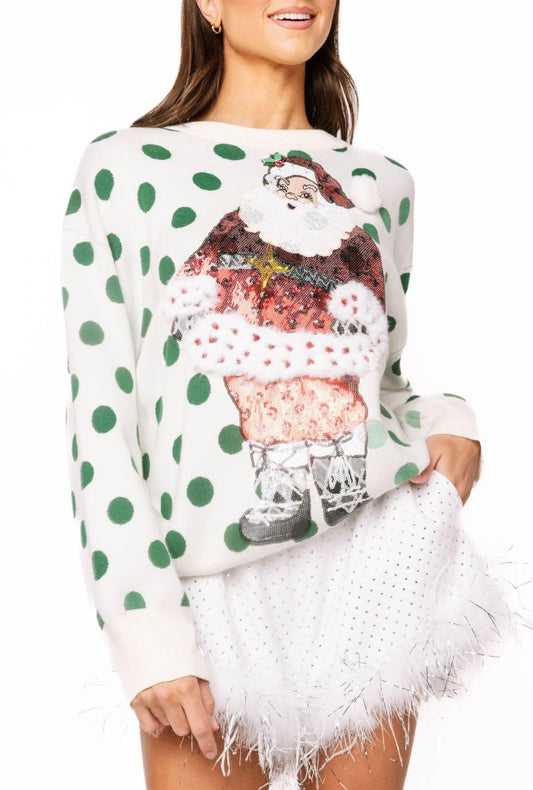 QOS White & Green Polka Dot Sequin Santa Sweater