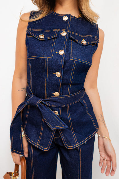 Indigo Icon Belted Button Down Top