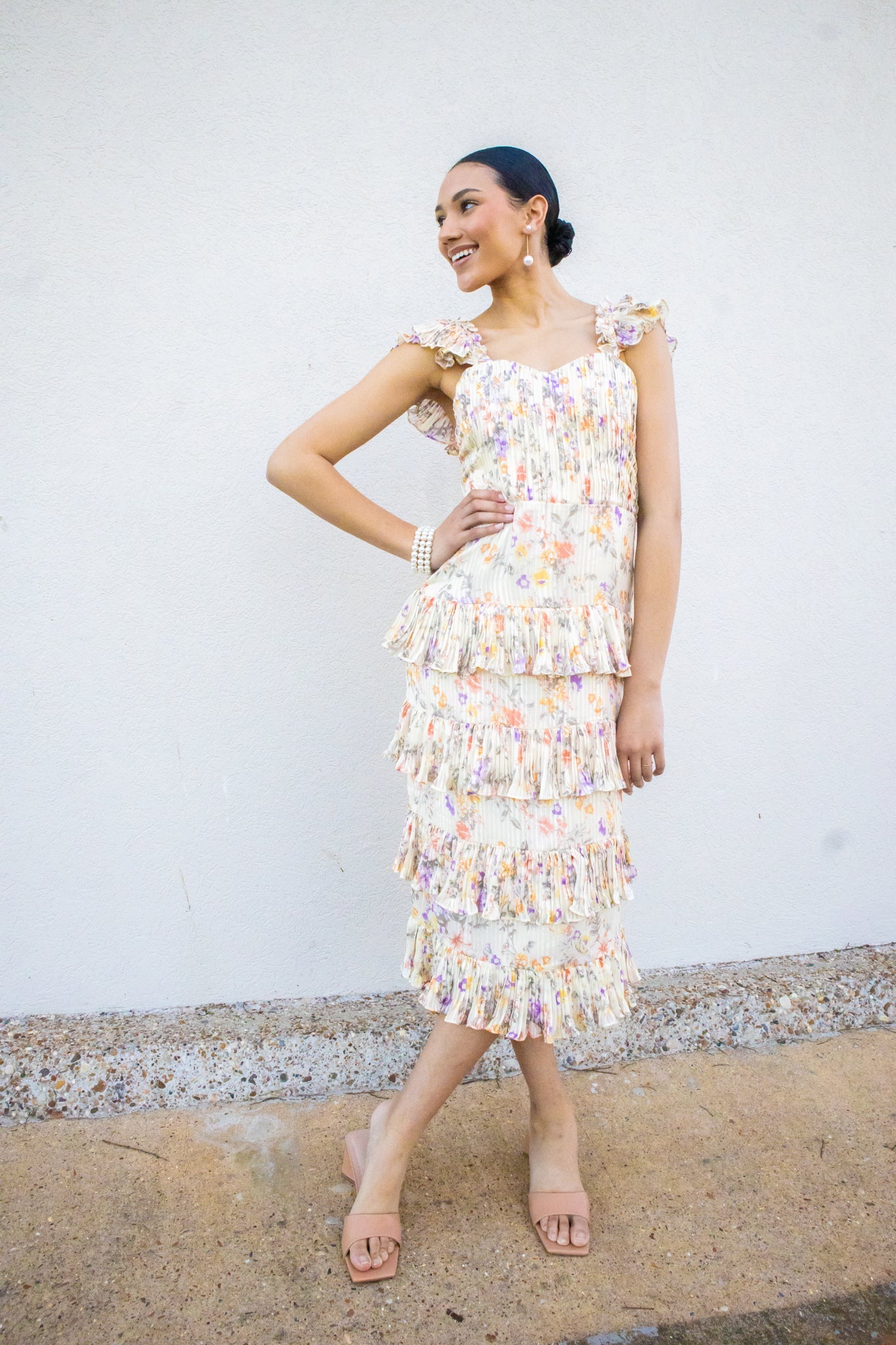 Ivory Floral Pleated Midi Dress Ivory / Small Ivory Floral Pleated Midi Dress Ivory / Small