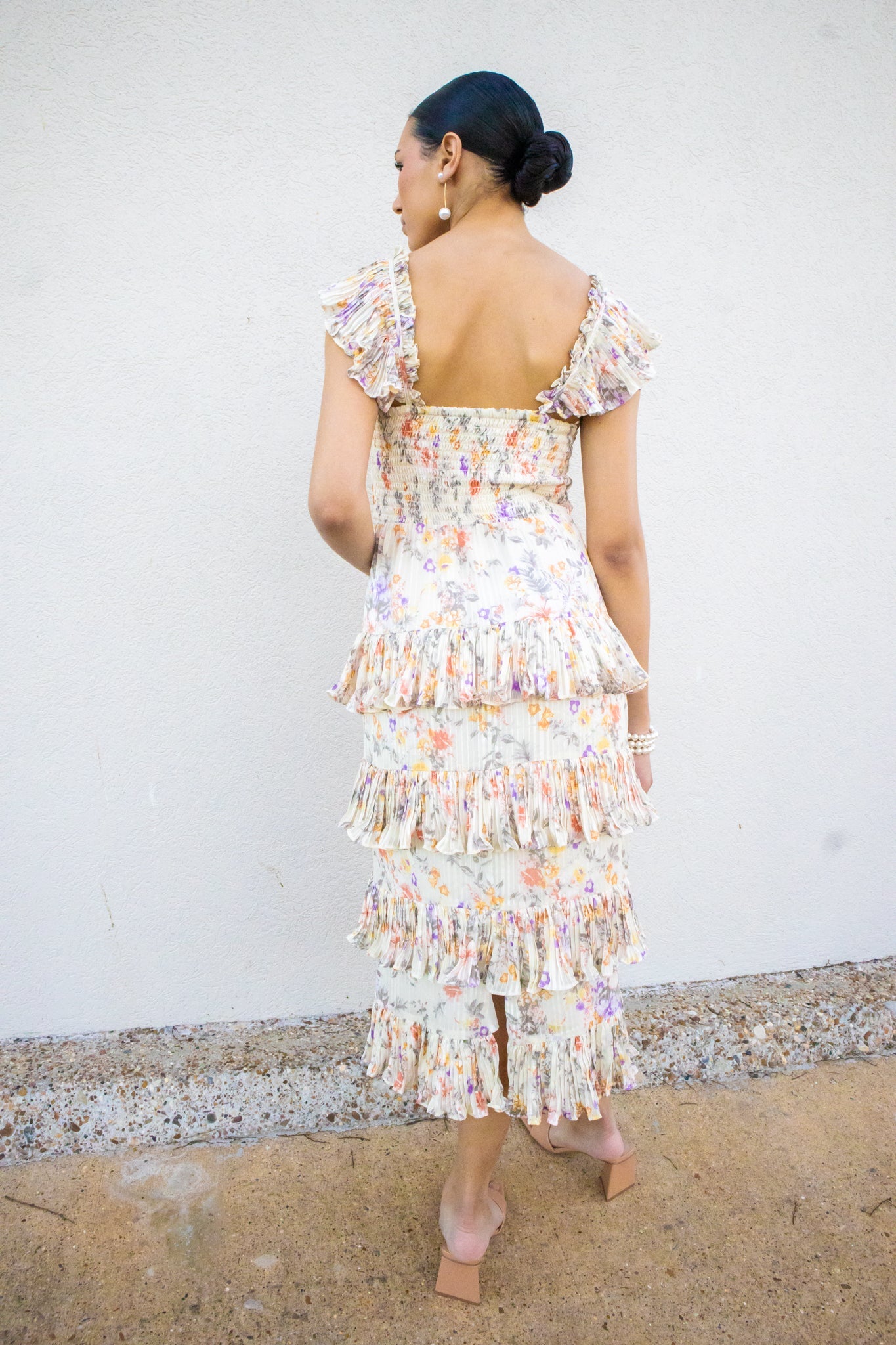 Ivory Floral Pleated Midi Dress Ivory / Small