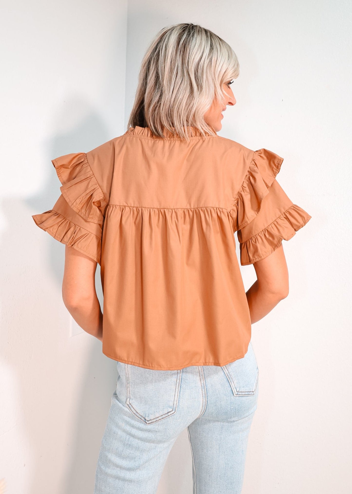 Coffee Time V-Neck Ruffle Top