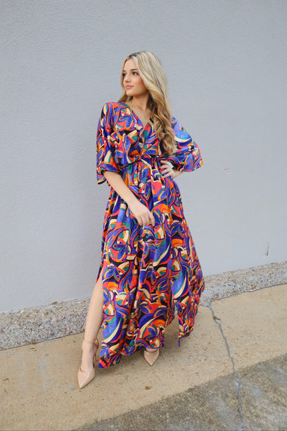 multi color dress long sleeve SHEIN Clasi Women's Exaggerated Colorful Wavy Print Long Sleeve Dress