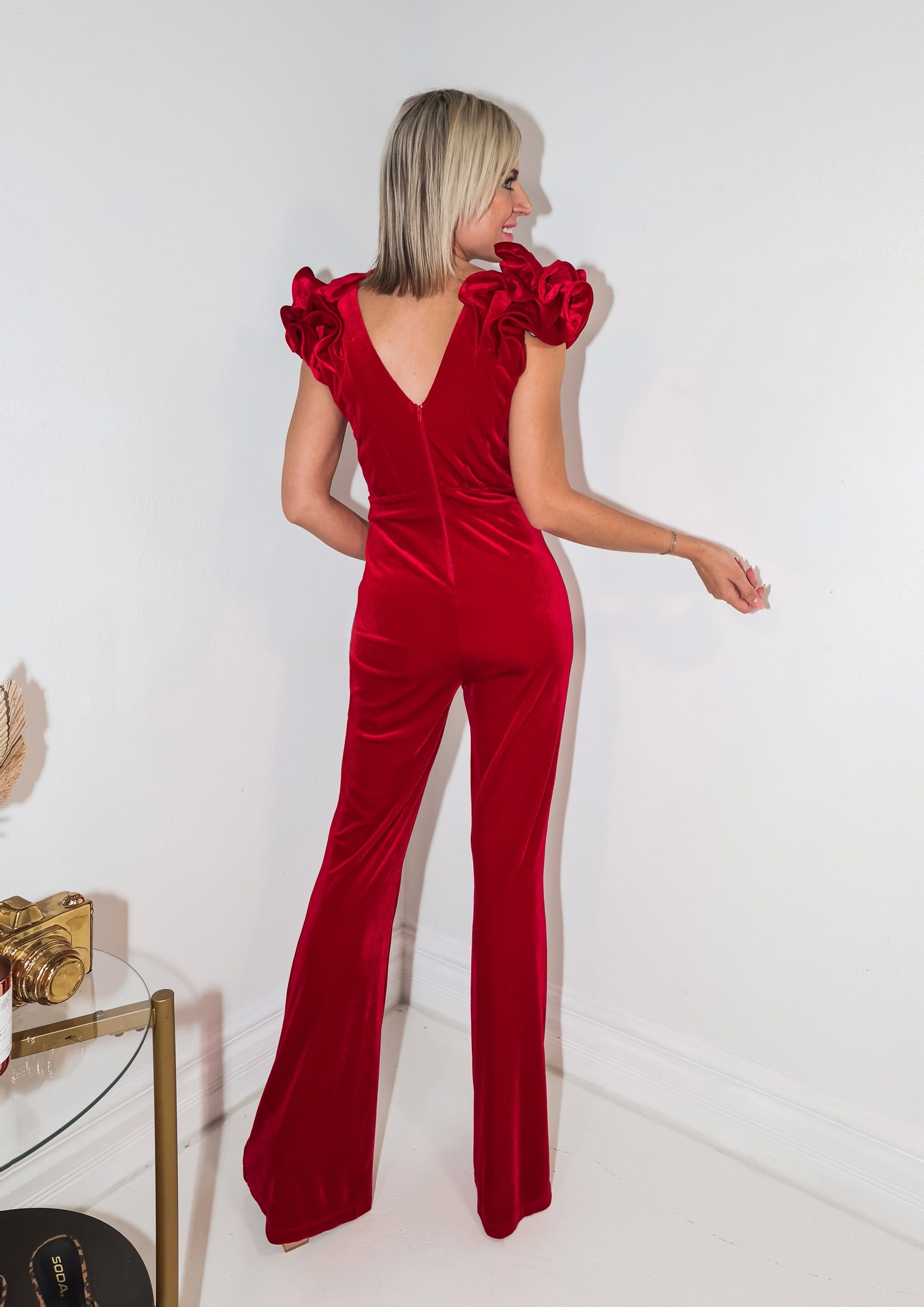 Lovin Velvet Ruffle Shoulder Jumpsuit