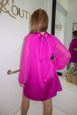Magenta Rhinestone Sleeve Satin Mini Dress-Dresses-KCoutureBoutique, women's boutique in Bossier City, Louisiana