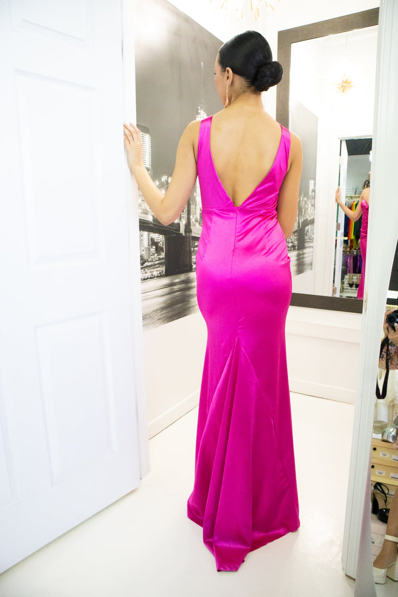 Magenta V-Neck Rose Satin Gown-Dresses-KCoutureBoutique, women's boutique in Bossier City, Louisiana