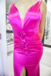 Magenta V-Neck Rose Satin Gown-Dresses-KCoutureBoutique, women's boutique in Bossier City, Louisiana