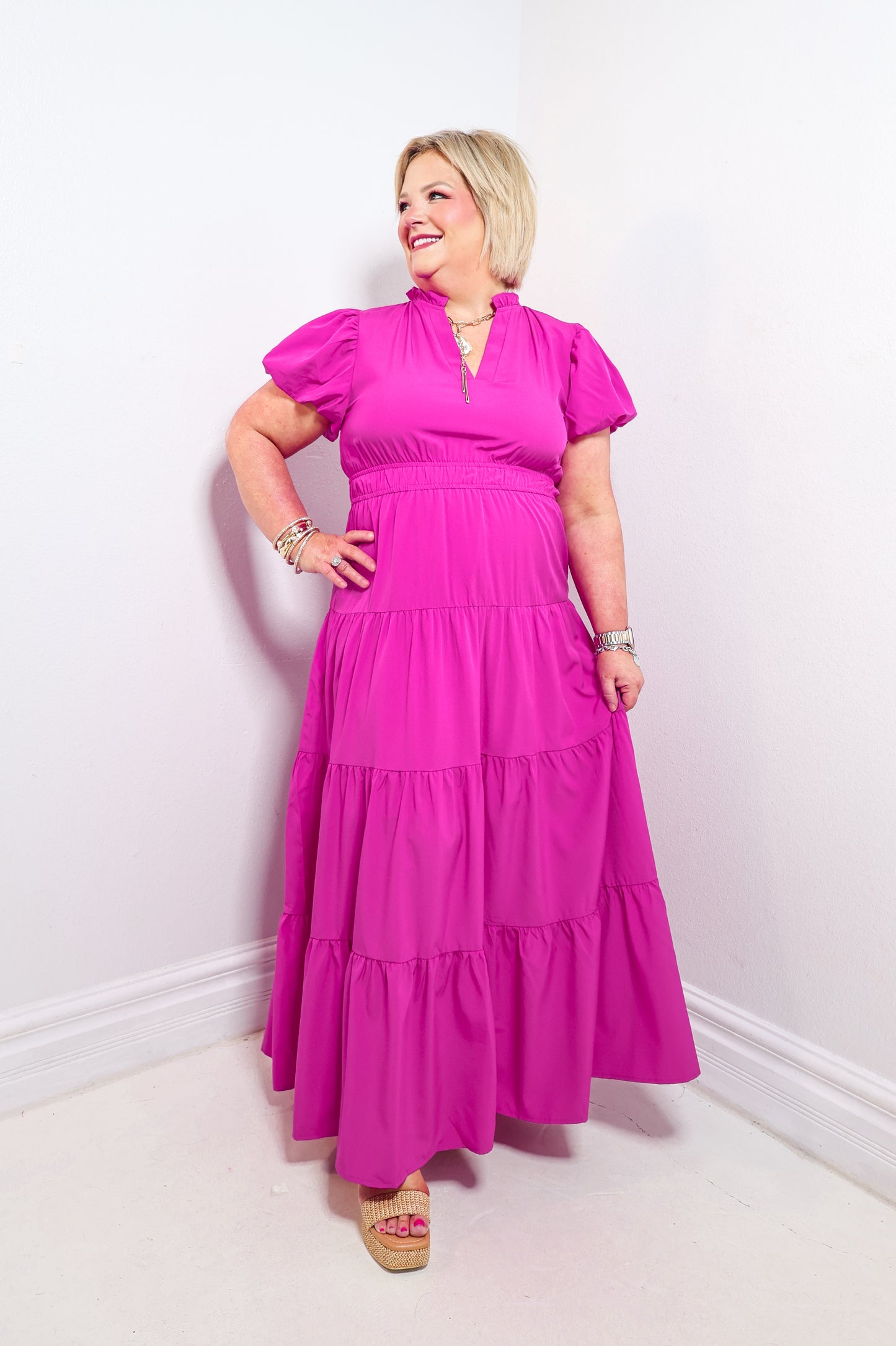 Magenta Muse Puff Sleeve Maxi Dress