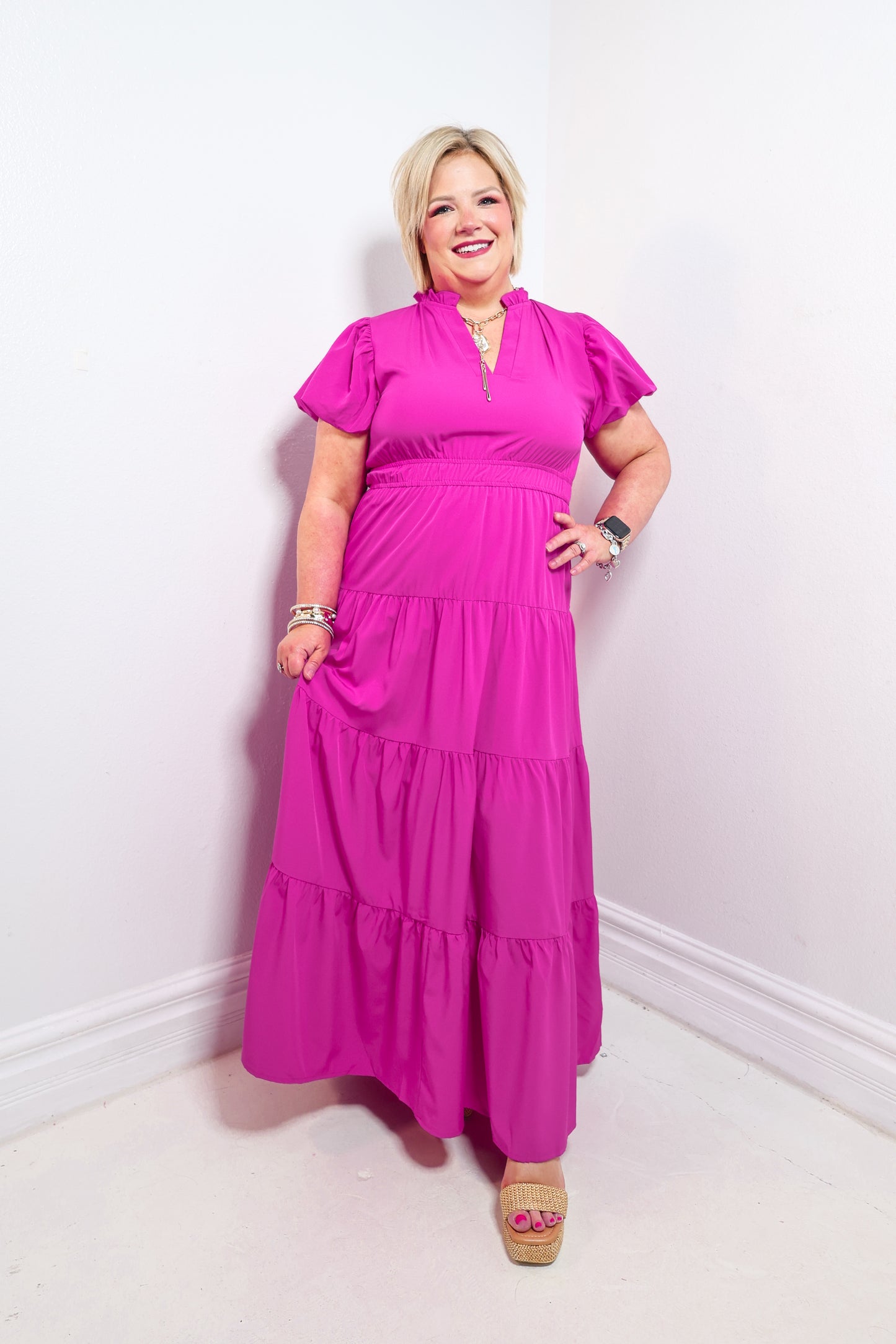 Magenta Muse Puff Sleeve Maxi Dress