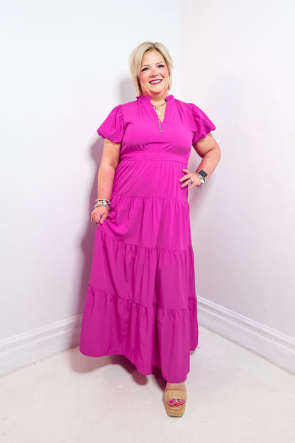 Magenta Muse Puff Sleeve Maxi Dress