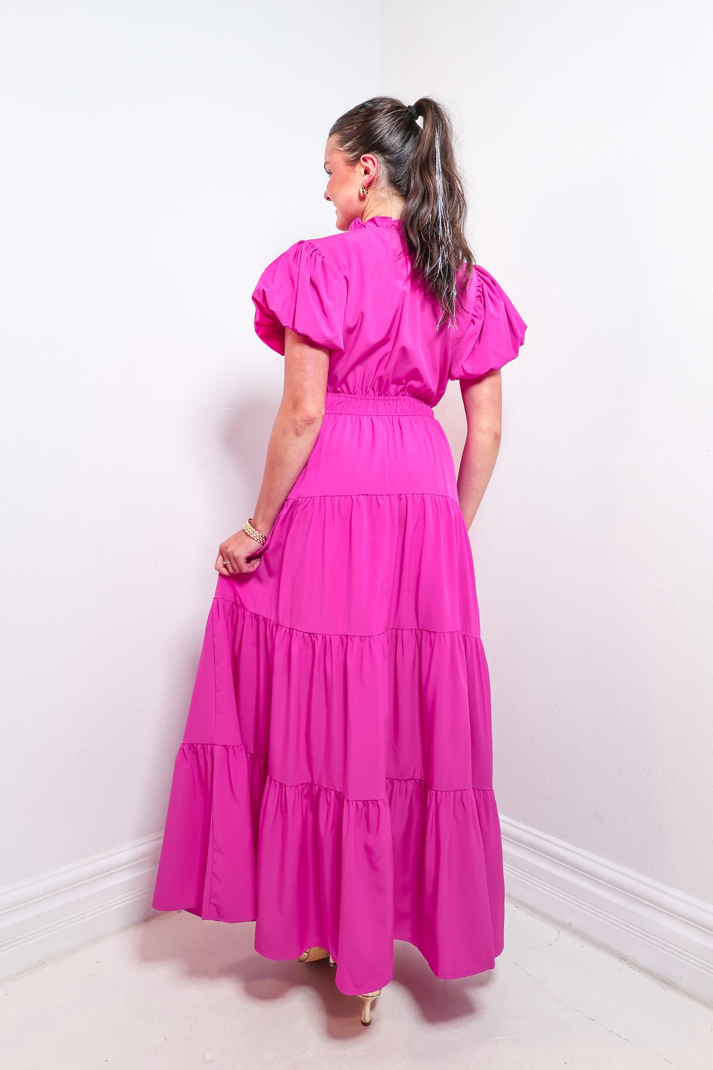 Magenta Muse Puff Sleeve Maxi Dress