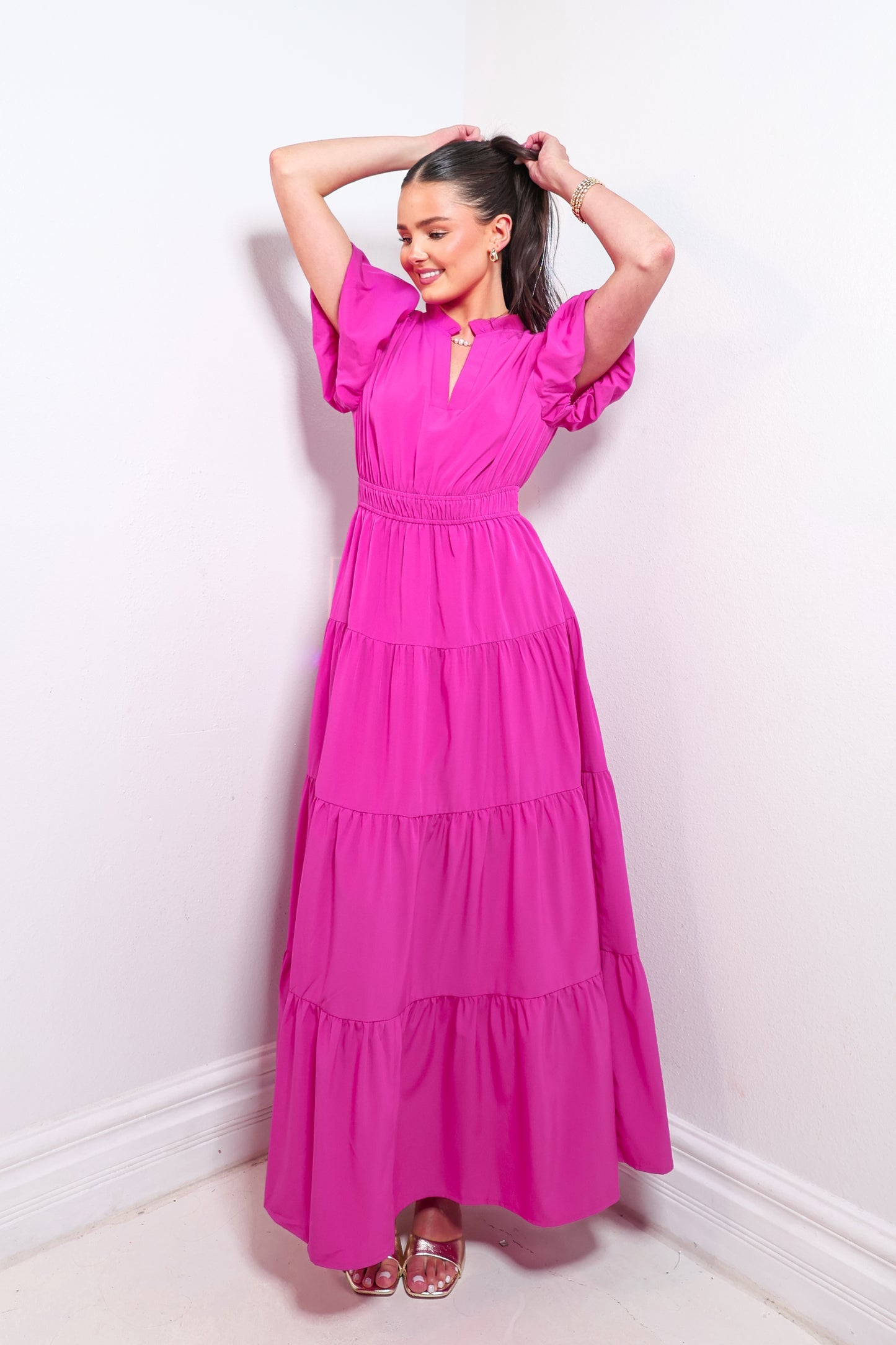 Magenta Muse Puff Sleeve Maxi Dress