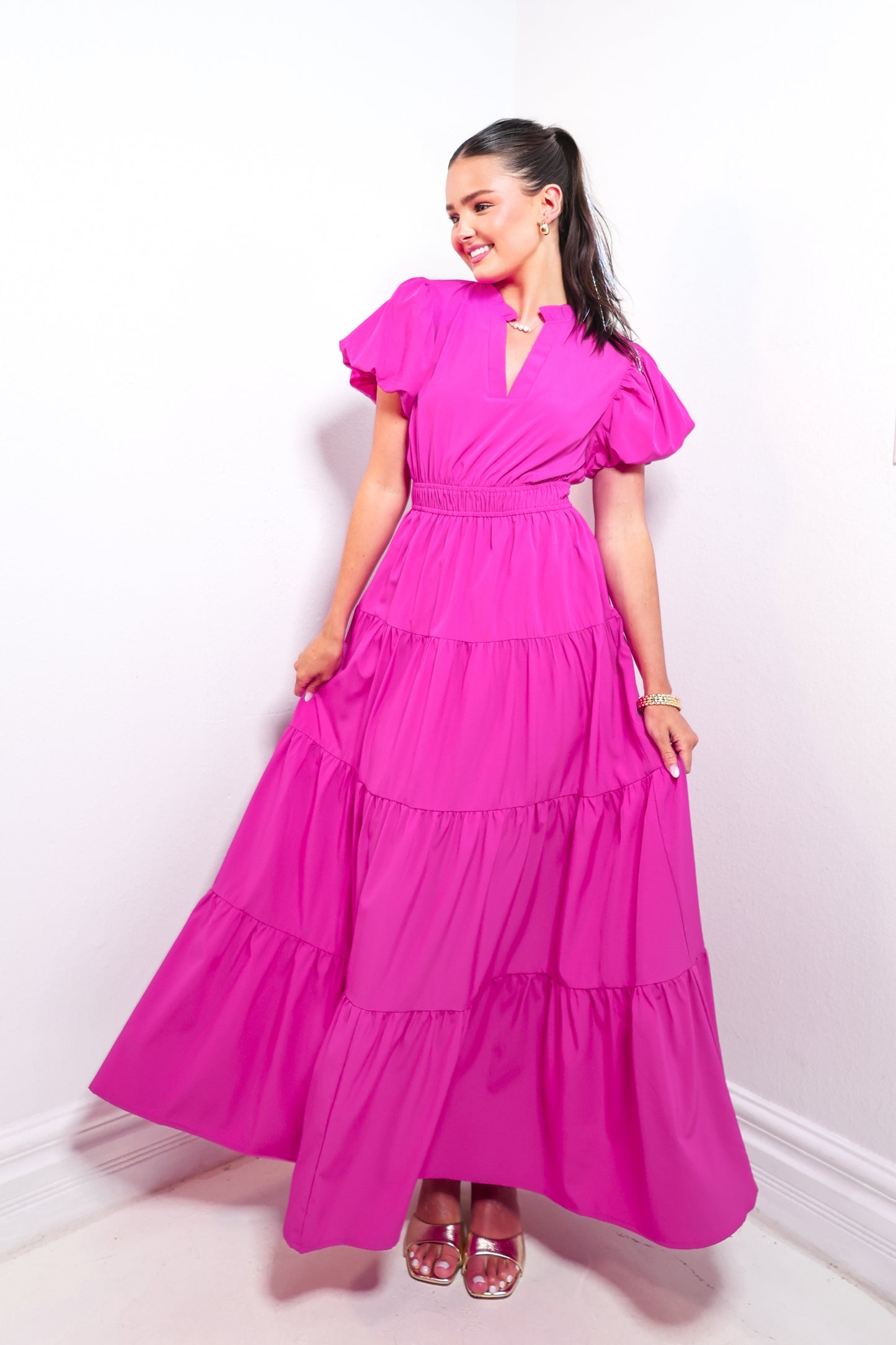 Magenta Muse Puff Sleeve Maxi Dress