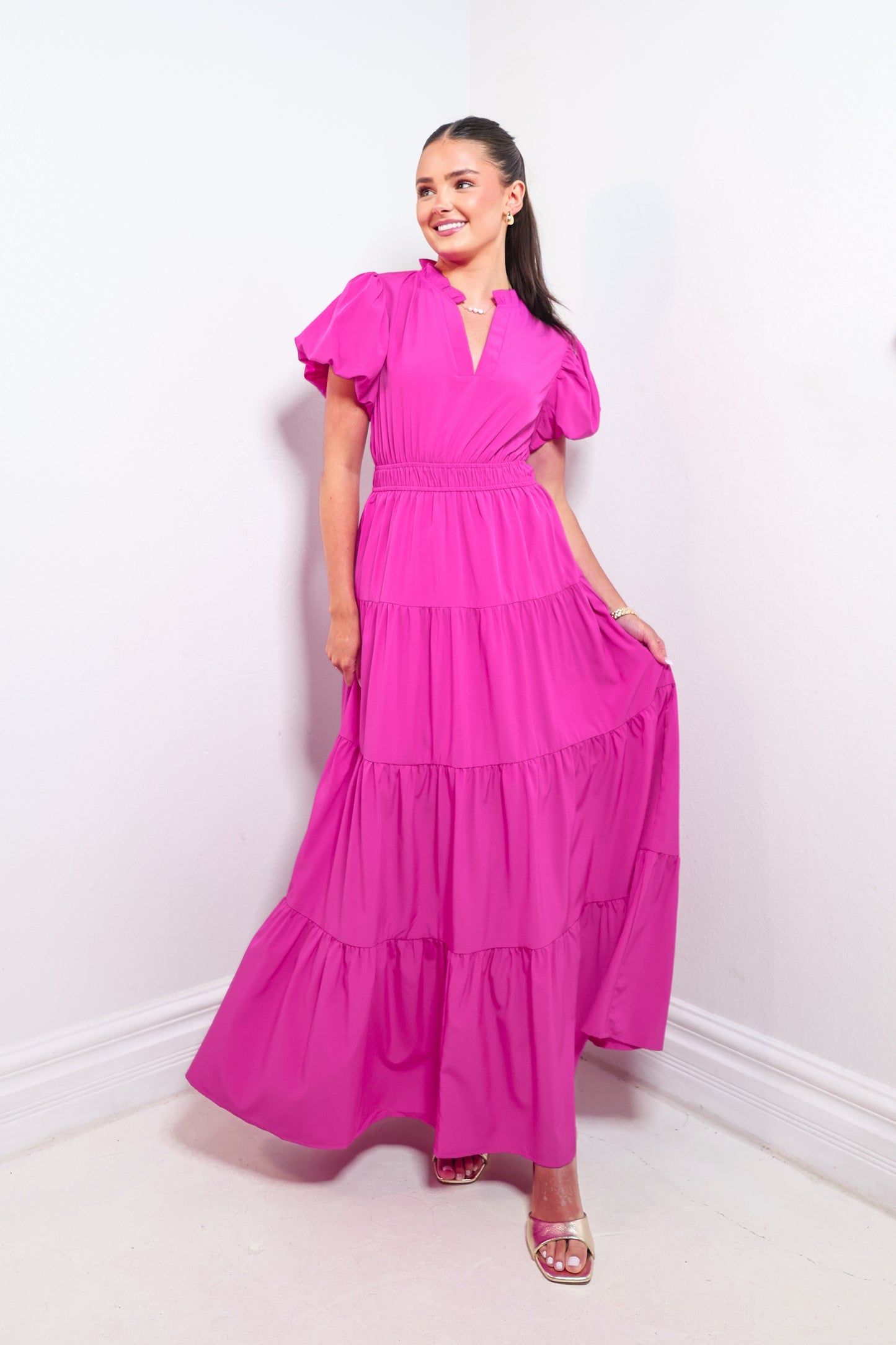 Magenta Muse Puff Sleeve Maxi Dress