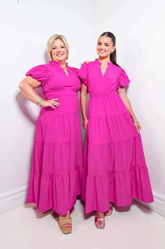 Magenta Muse Puff Sleeve Maxi Dress