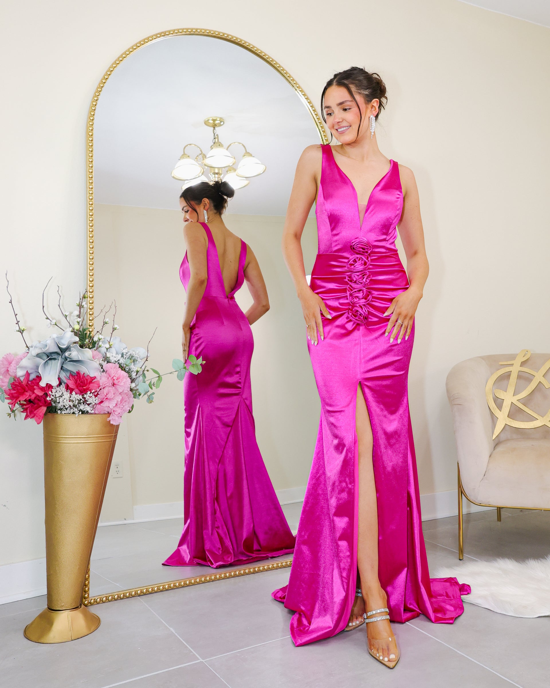 Magenta V-Neck Rose Satin Gown Fuschia / Large