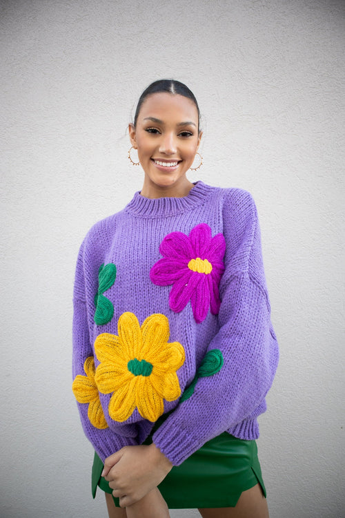 Mardi Gras Flower Patch Sweater-Sweaters-KCoutureBoutique, women's boutique in Bossier City, Louisiana