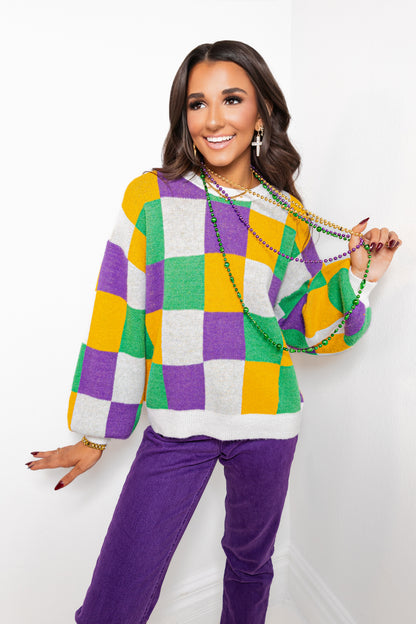 Mardi Mood Checkered Sweater Top