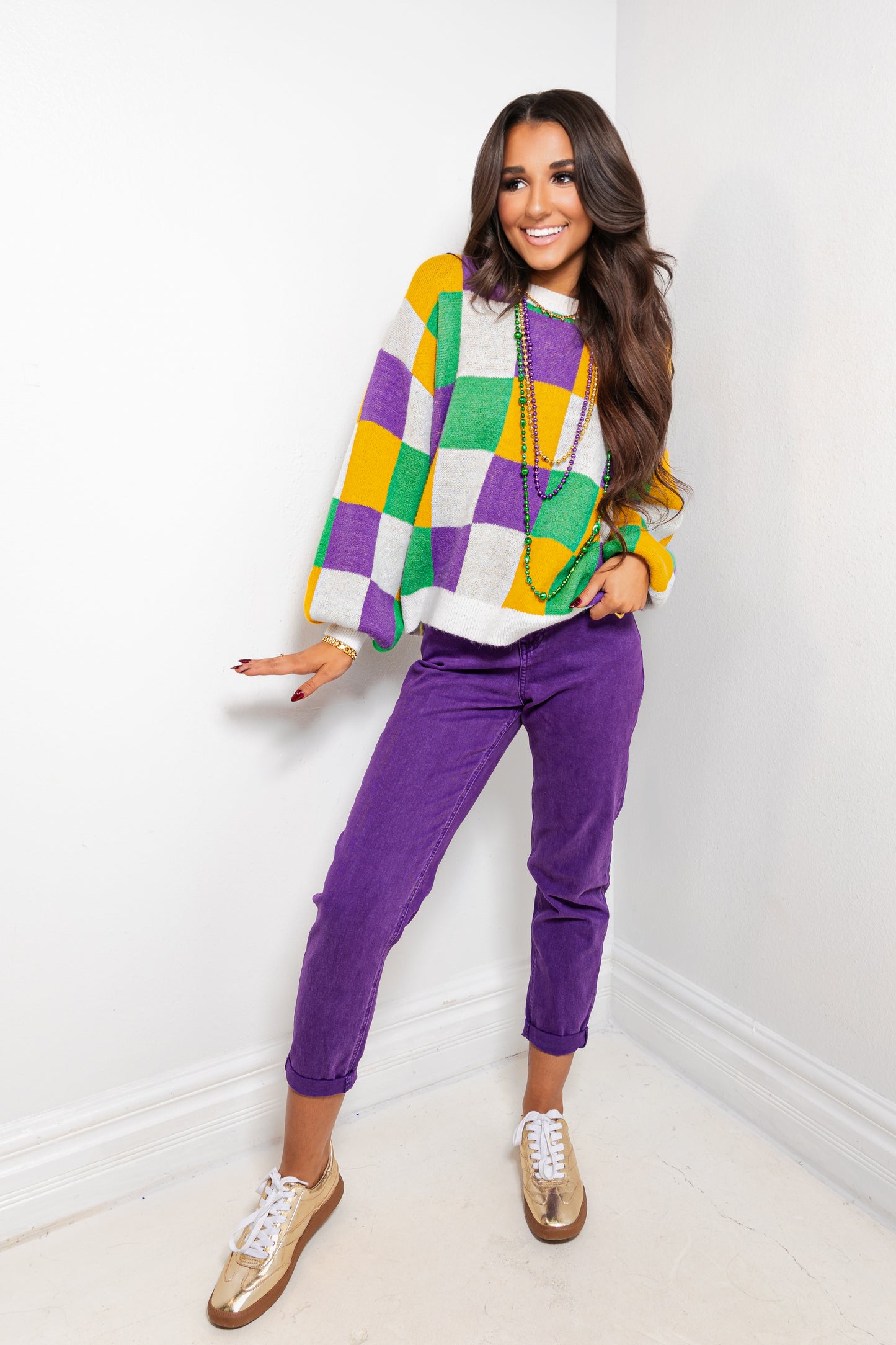 Mardi Mood Checkered Sweater Top