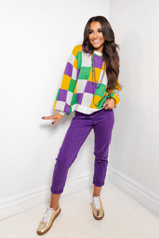Mardi Mood Checkered Sweater Top