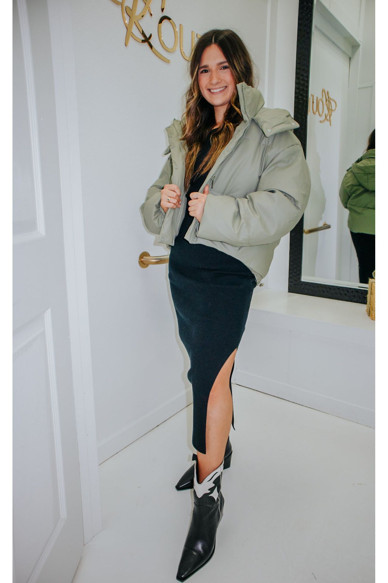 Matte Sage Faux Leather Hooded Puffer Jacket - Main Image