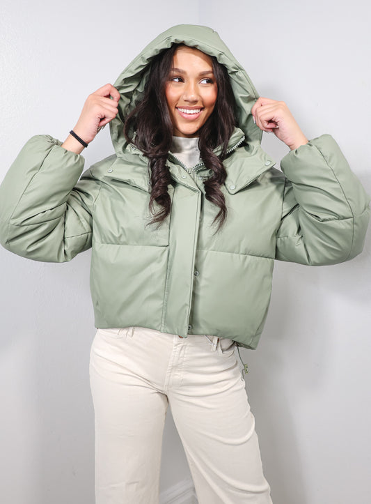 Matte Sage Faux Leather Hooded Puffer Jacket