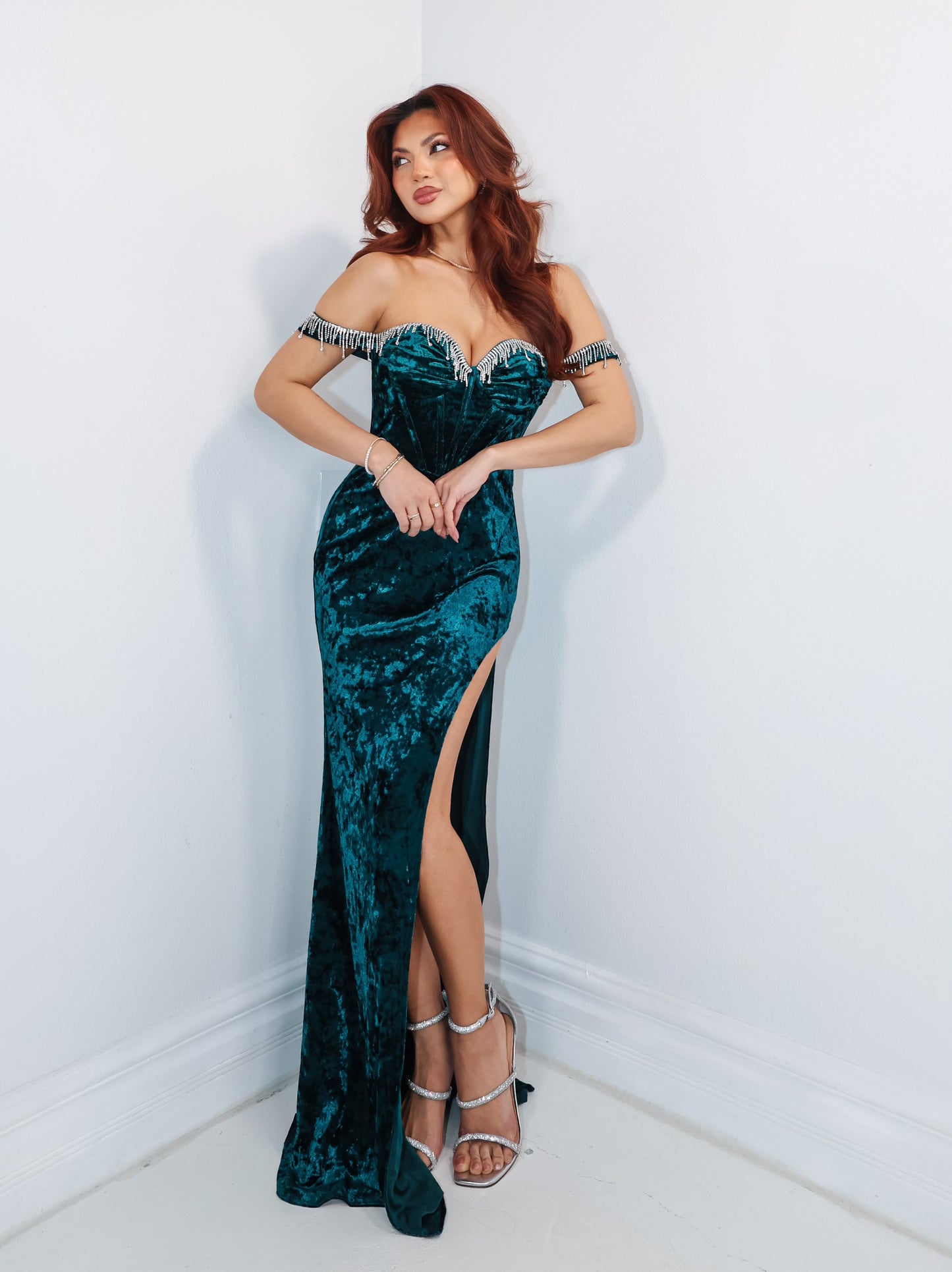 Midnight Jewel Velvet Beaded Gown Emerald Blue / Large (10/12) Midnight Jewel Velvet Beaded Gown Emerald Blue / Large (10/12)