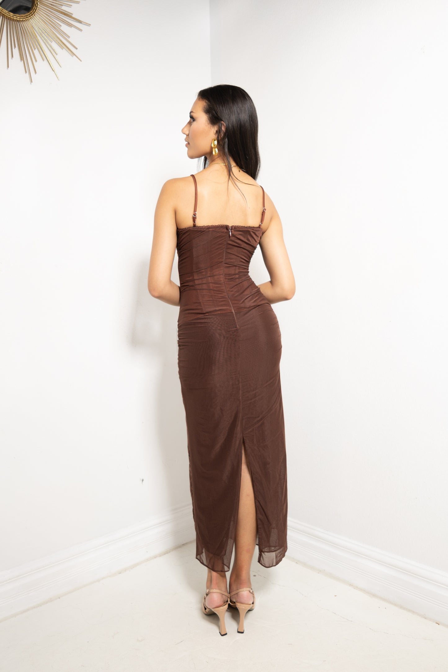 Midnight Mocha Lace Mesh Maxi Dress