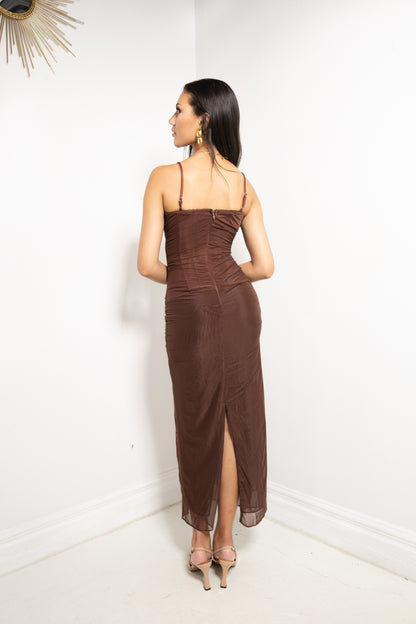 Midnight Mocha Lace Mesh Maxi Dress