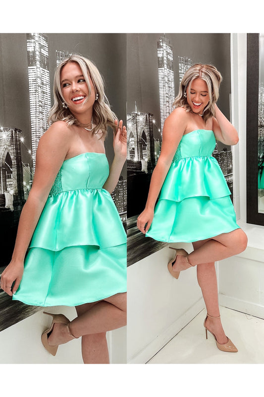 Mint Madness Two-Tier Ruffle Mini Dress-Dresses-KCoutureBoutique, women's boutique in Bossier City, Louisiana
