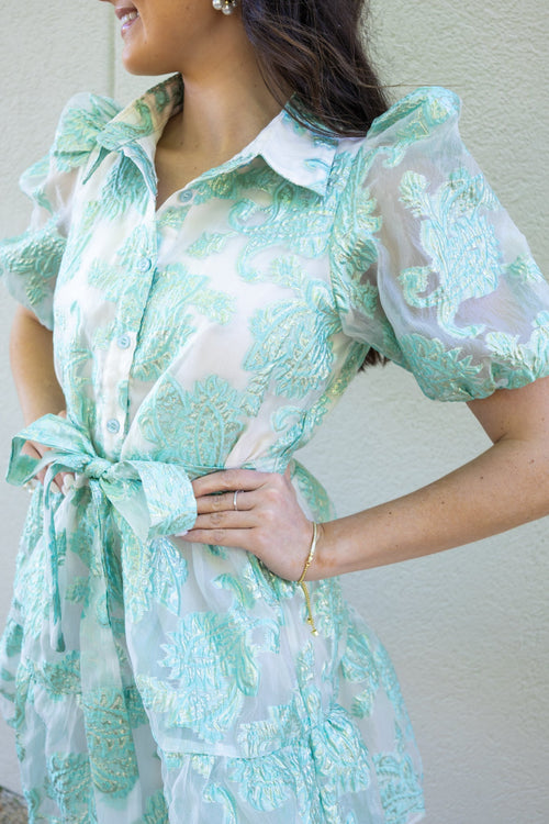 Mint Puff Sleeve Button Down Dress-Dresses-KCoutureBoutique, women's boutique in Bossier City, Louisiana