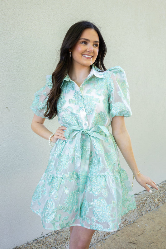 Mint Puff Sleeve Button Down Dress-Dresses-KCoutureBoutique, women's boutique in Bossier City, Louisiana